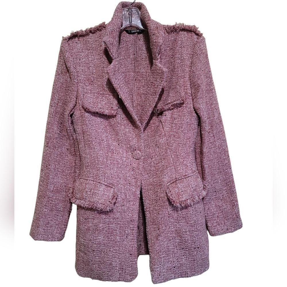 Shein Pink Tweed Fringe Jacket Sz Xsmall